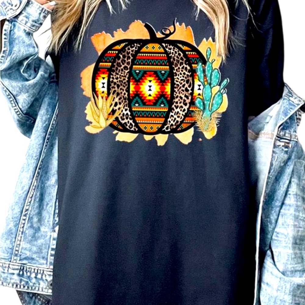 Aztec with Floral Leopard Cactus Boho Graphic T Shirt 💯% Cotton - Black